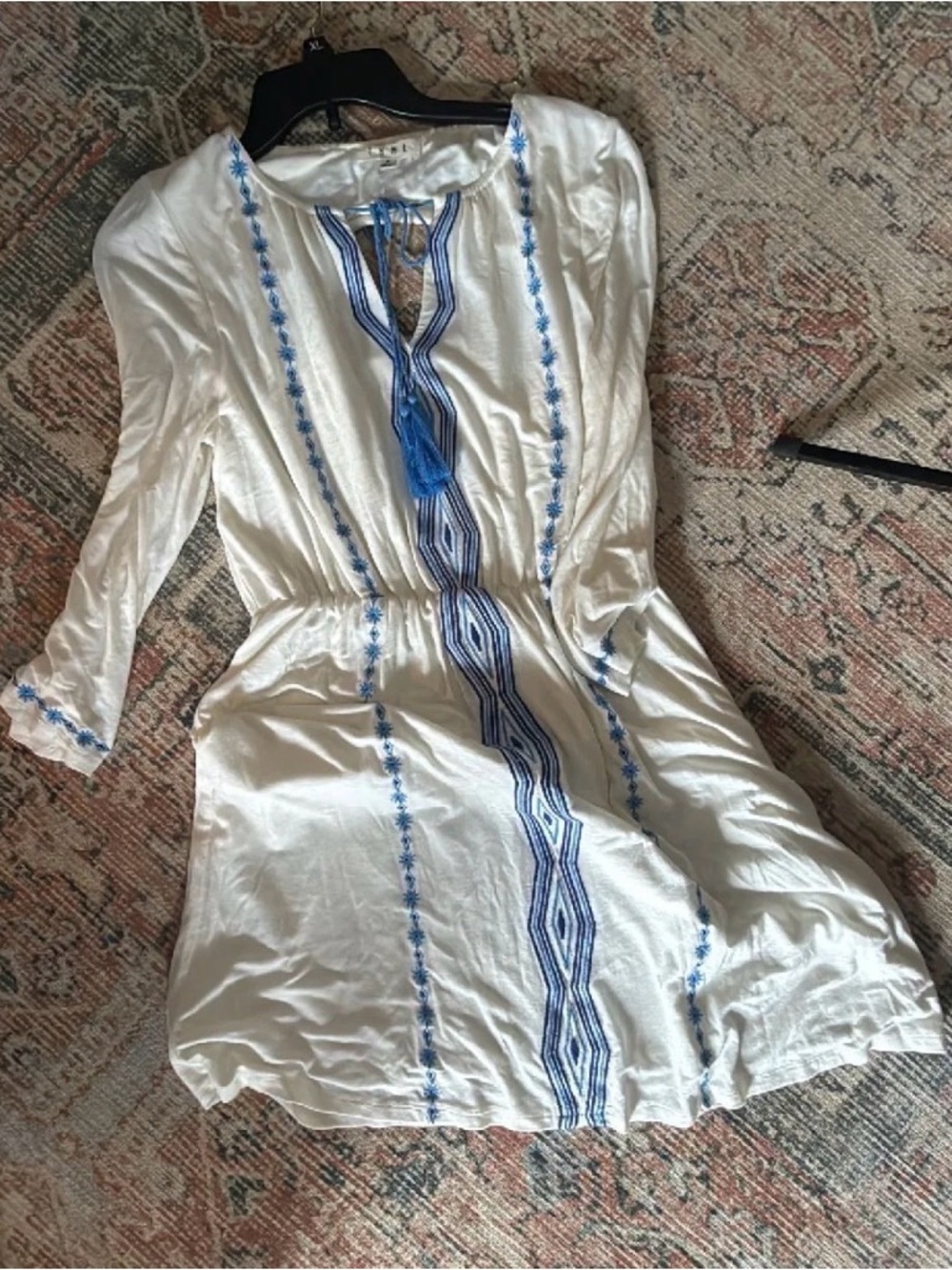 THML White Dress with Blue Embroidery and Tassel Tie